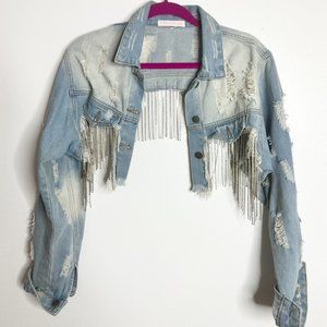 Denim Crop Top Jacket with Rhinestone Fringe - Sparkle & Style